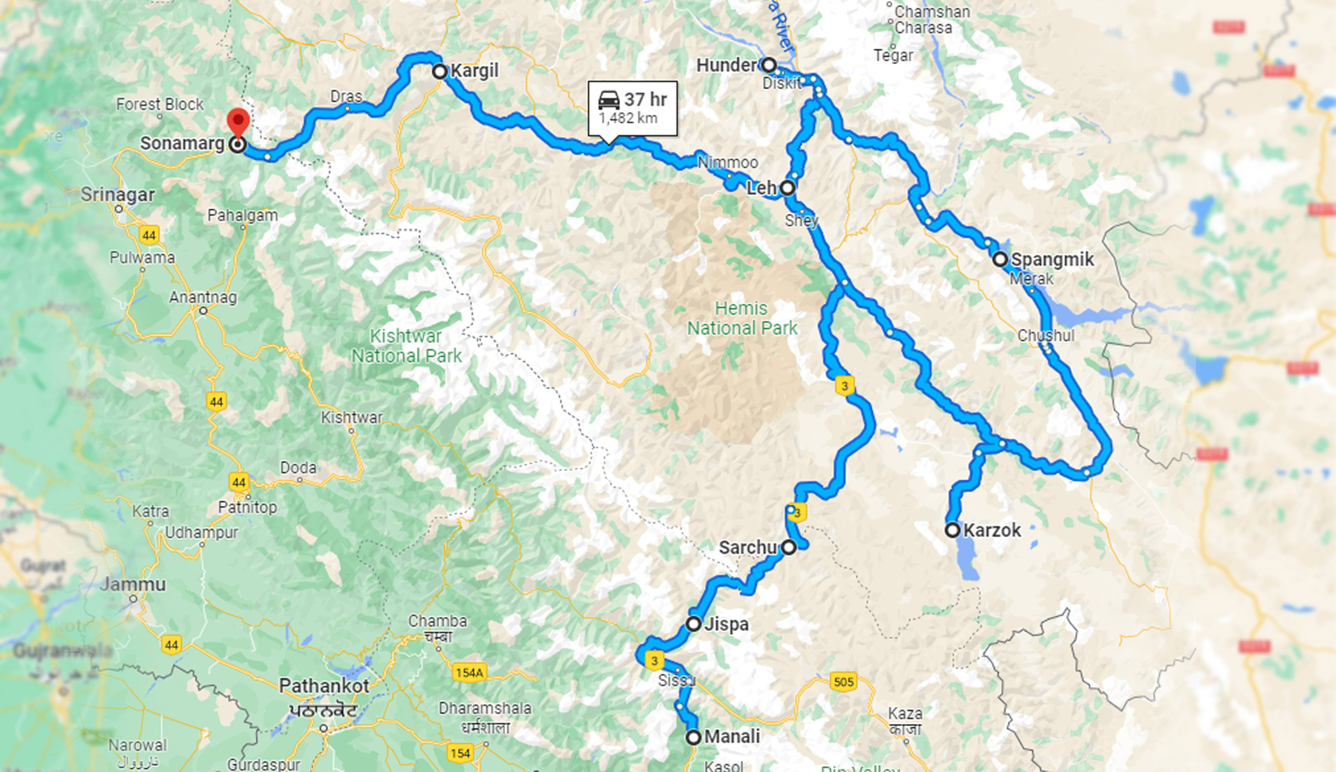 Srinagar to Manali Bike Trip location map